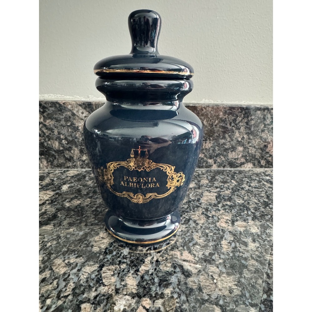 Vintage Navy Blue Ceramic Apothecary Jar Paeonia Albiflora Gold Trim Decor 8.5"